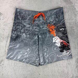 Ed Hardy Mens Large AOP Swim Trunks Unlined Tiger Graphic Board Shorts Grey